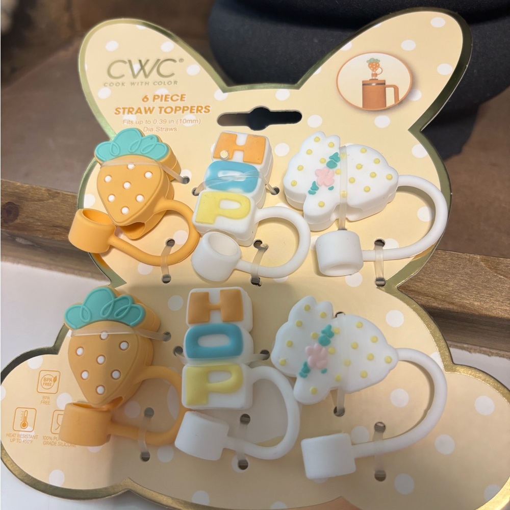 CWC Pastel Spring Straw Toppers - 6 Piece (Yellow/White/Teal)